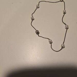 Delicate Pearl Station Necklace - White Pearls on Black Chain